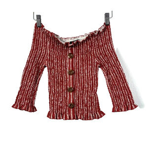 Orange Rose Cropped Top Womens S Red White Stripe Smocked Off Shoulder Buttons